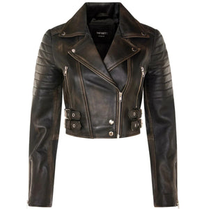 Women's Real Leather Short Cropped Length Biker Jacket - Black Brown - Infinity Leather - 41