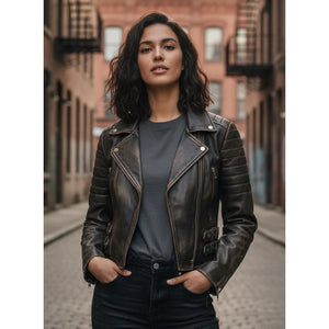 Women's Real Leather Short Cropped Length Biker Jacket - Black Brown - Infinity Leather - 42