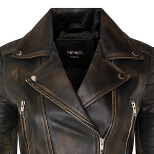 Women's Real Leather Short Cropped Length Biker Jacket - Black Brown - Infinity Leather - 43