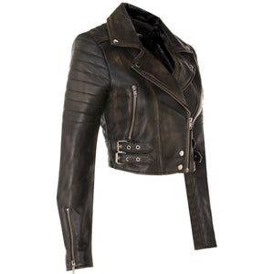Women's Real Leather Short Cropped Length Biker Jacket - Black Brown - Infinity Leather - 44