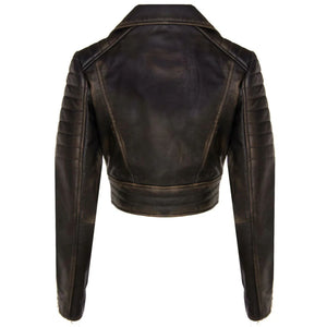 Women's Real Leather Short Cropped Length Biker Jacket - Black Brown - Infinity Leather - 45