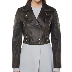 Women's Real Leather Short Cropped Length Biker Jacket - Black Brown - Infinity Leather - 46