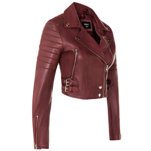 Women's Real Leather Short Cropped Length Biker Jacket - Burgundy - Infinity Leather - 9