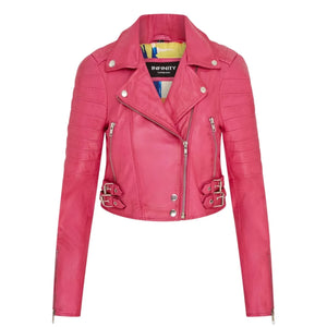 Women's Real Leather Short Cropped Length Biker Jacket - Fuchsia - Infinity Leather - 11