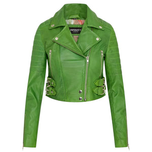 Women's Real Leather Short Cropped Length Biker Jacket - Green - Infinity Leather - 22