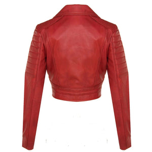 Women's Real Leather Short Cropped Length Biker Jacket - Red - Infinity Leather - 33