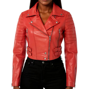 Women's Real Leather Short Cropped Length Biker Jacket - Red - Infinity Leather - 34