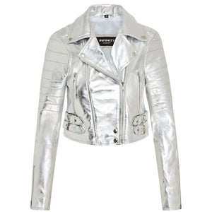 Women's Real Leather Short Cropped Length Biker Jacket - Silver - Infinity Leather - 35