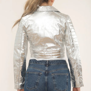 Women's Real Leather Short Cropped Length Biker Jacket - Silver - Infinity Leather - 40