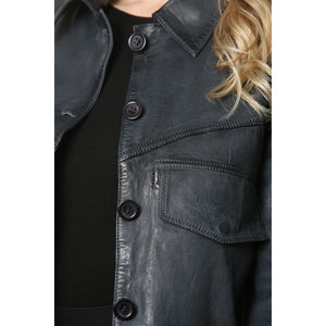 Women's Retro Classic Collar Biker Leather Jacket - Navy - Infinity Leather - 10