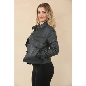 Women's Retro Classic Collar Biker Leather Jacket - Navy - Infinity Leather - 13