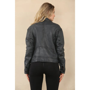Women's Retro Classic Collar Biker Leather Jacket - Navy - Infinity Leather - 14