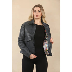 Women's Retro Classic Collar Biker Leather Jacket - Navy - Infinity Leather - 9