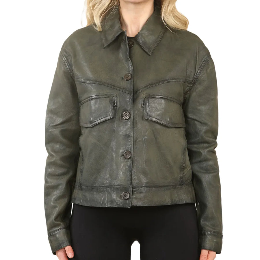 Damska retro klasyczna skórzana kurtka motocyklowa z kołnierzem - Oliwkowy - Infinity Leather - 1