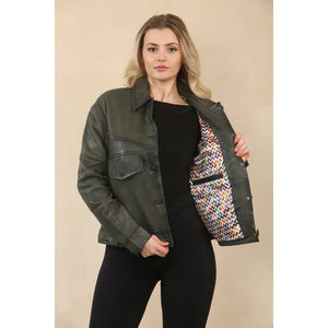 Women's Retro Classic Collar Biker Leather Jacket - Olive - Infinity Leather - 2