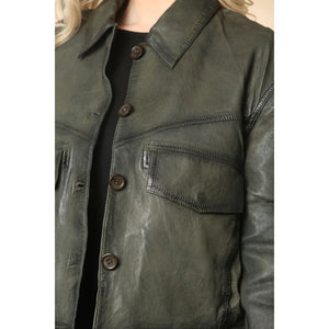 Women's Retro Classic Collar Biker Leather Jacket - Olive - Infinity Leather - 3