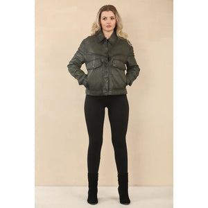 Women's Retro Classic Collar Biker Leather Jacket - Olive - Infinity Leather - 5
