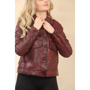Women's Retro Classic Collar Biker Leather Jacket - Red - Infinity Leather - 18