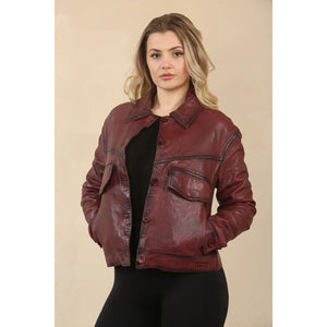 Women's Retro Classic Collar Biker Leather Jacket - Red - Infinity Leather - 19