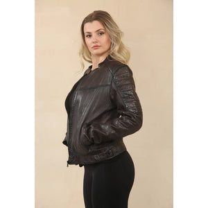 Women's Retro Quilted Leather Biker Jacket - Brown - Infinity Leather - 13