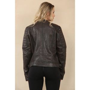 Women's Retro Quilted Leather Biker Jacket - Brown - Infinity Leather - 14
