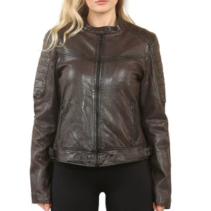 Women's Retro Quilted Leather Biker Jacket - Brown - Infinity Leather - 8
