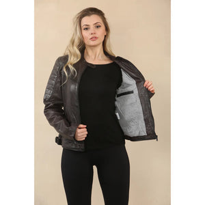 Women's Retro Quilted Leather Biker Jacket - Brown - Infinity Leather - 9