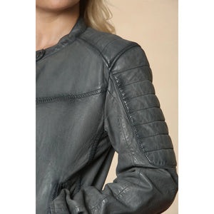 Women's Retro Quilted Leather Biker Jacket - Grey - Infinity Leather - 3