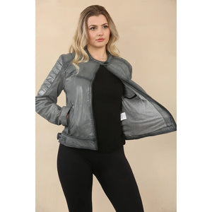 Women's Retro Quilted Leather Biker Jacket - Grey - Infinity Leather - 4