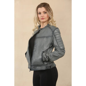 Women's Retro Quilted Leather Biker Jacket - Grey - Infinity Leather - 6