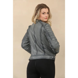Women's Retro Quilted Leather Biker Jacket - Grey - Infinity Leather - 7