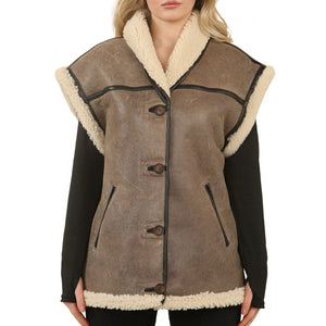 Women's Rustic Brown Shearling Leather Gilet - Infinity Leather - 1