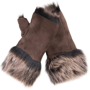 Guanti senza dita da donna in pelle scamosciata foderati in montone - Marrone Oro - Infinity Leather - 14