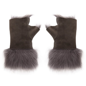Guanti senza dita da donna in pelle scamosciata foderati in montone - Grigio - Infinity Leather - 22