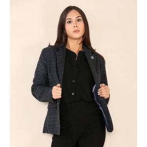 Women's Tweed Check Waistcoat Blazer Blue Suit - TruClothing.com - 2