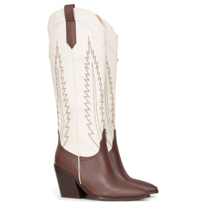 Damen kniehohe zweifarbige braun-creme Cowboystiefel aus veganem Leder Western - TruClothing.com - 3