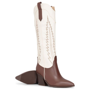 Damen kniehohe zweifarbige braun-creme Cowboystiefel aus veganem Leder Western - TruClothing.com - 4