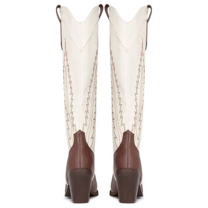 Damen kniehohe zweifarbige braun-creme Cowboystiefel aus veganem Leder Western - TruClothing.com - 5