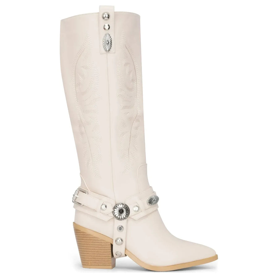 Bottes femme blanches montantes en cuir vegan brodées style western - TruClothing.com - 1