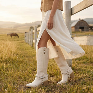 Cizme de Cowboy Femei Albe din Piele Vegană Western Până la Genunchi Brodate - TruClothing.com - 2