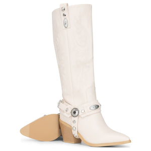 Cizme de Cowboy Femei Albe din Piele Vegană Western Până la Genunchi Brodate - TruClothing.com - 4