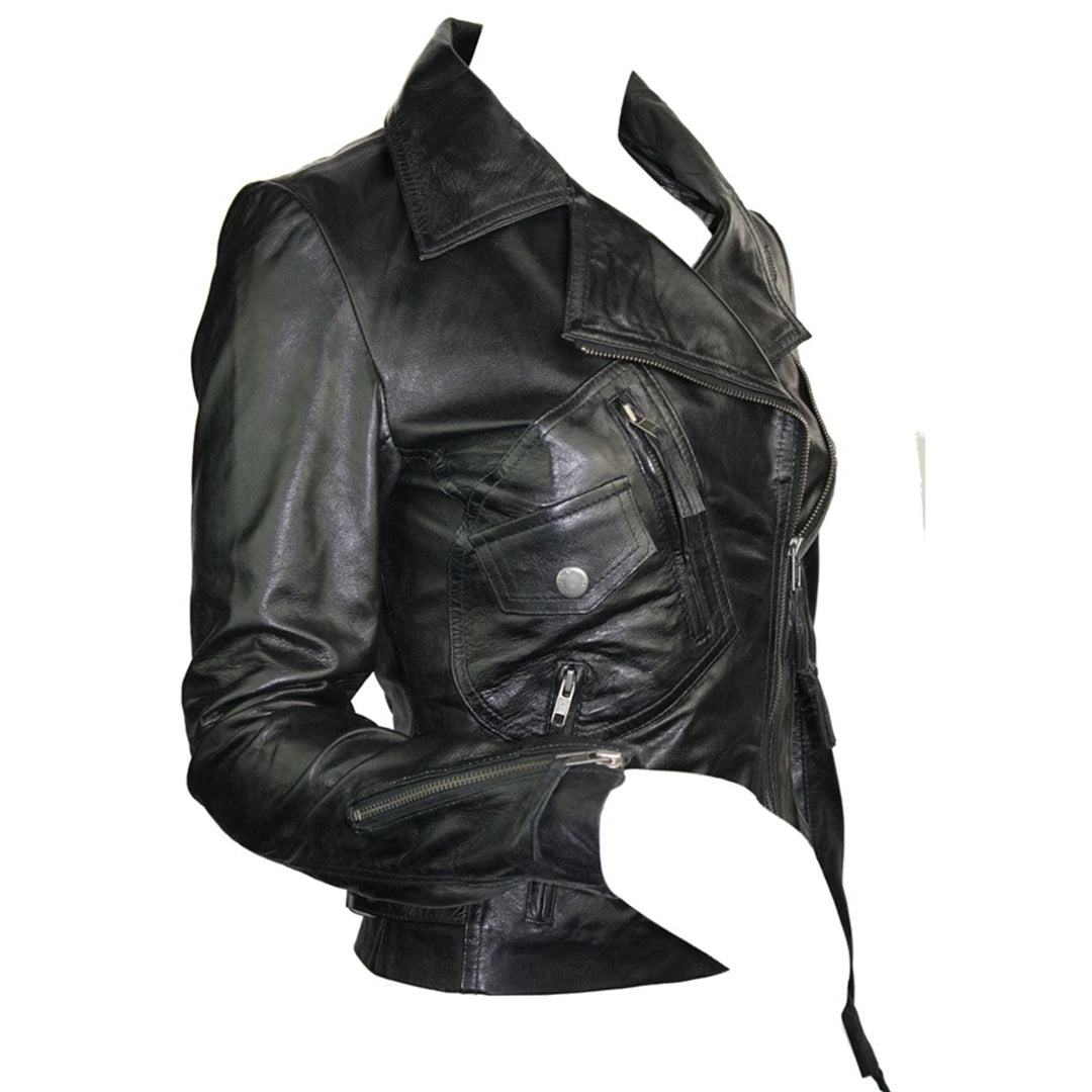 100% Ladies Real Leather Jacket Fitted Bikers Style Black Vintage Rock-TruClothing