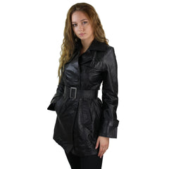 100% Real Ladies Mid Length Military Blazer Retro Leather Jacket Black-TruClothing