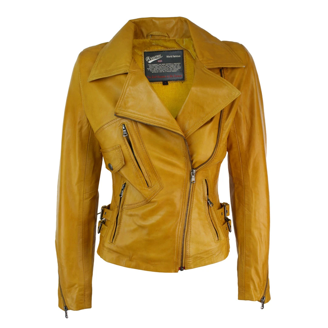 100 % Damen-Lederjacke kurz geschnitten Bikers Black Rock - Gelb - Aviatrix - 1