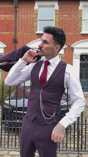 STZ70 - Men's 3 Piece Suit Wool Tweed Plum Wine Check 1920s Gatsby Formal Dress Suits-Size: 36" Jacket 30" Trousers--