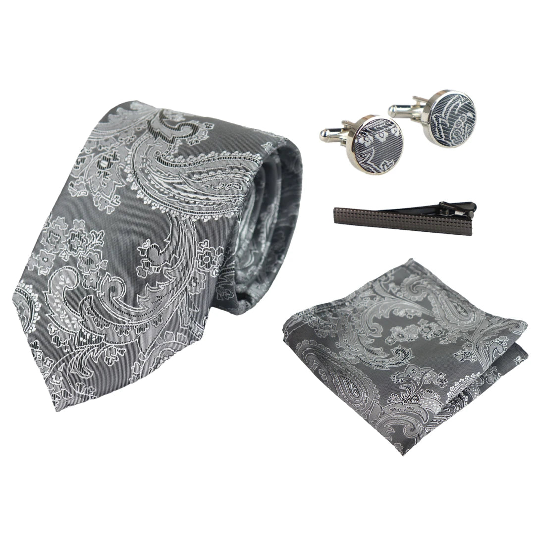 Paisley Neck Tie Gift Set Pocket Square Cuff Links Floral Satin