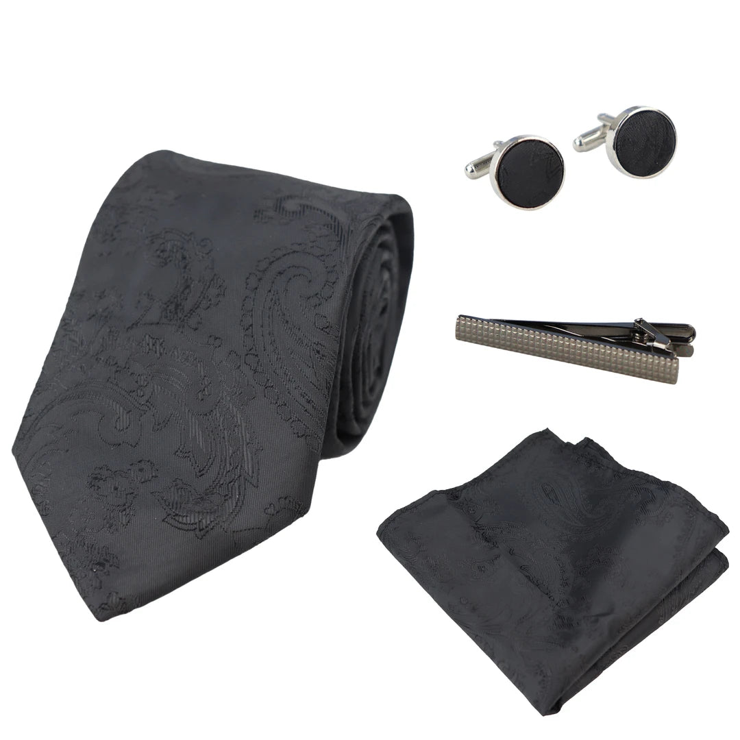 Paisley Neck Tie Gift Set Pocket Square Cuff Links Floral Satin