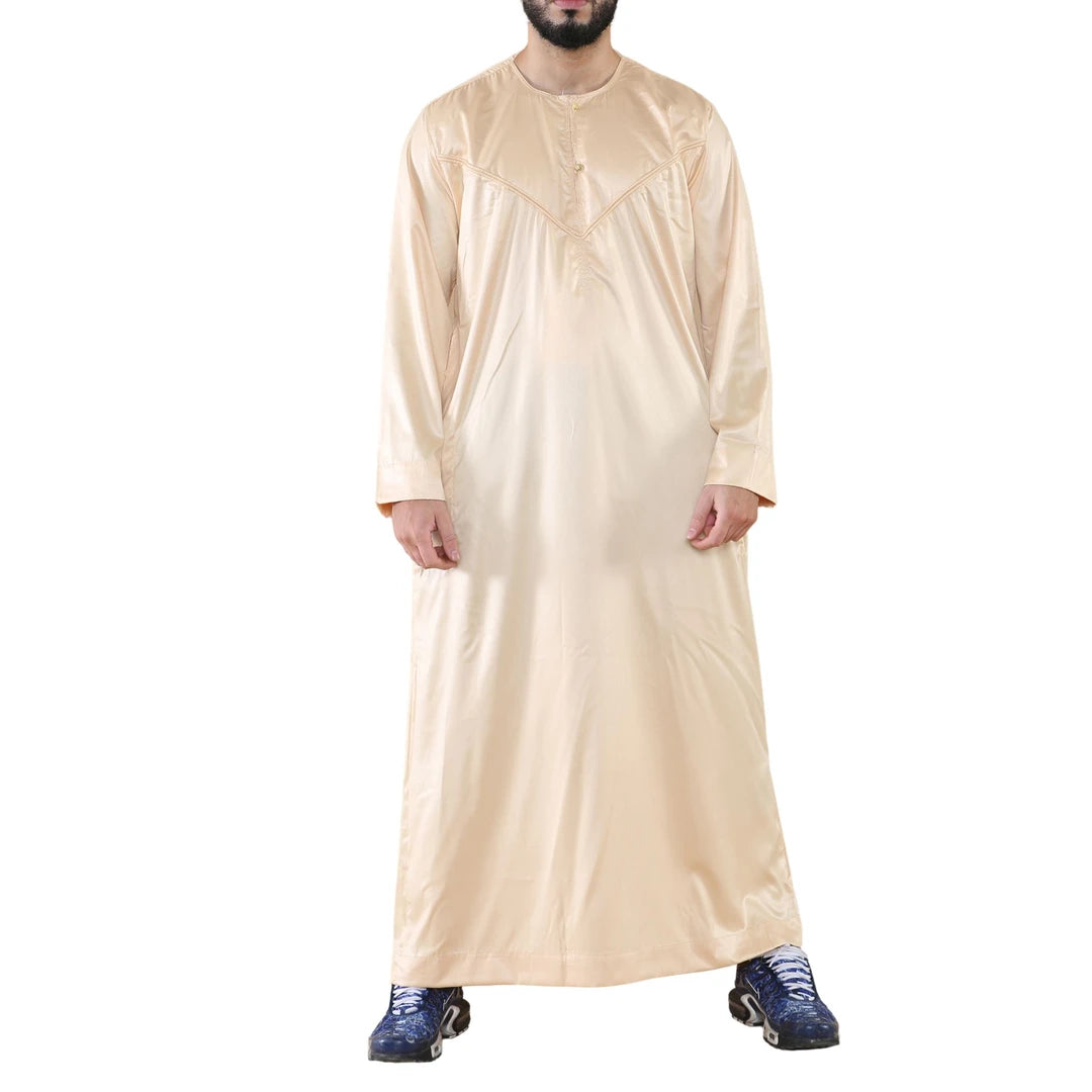 Mens Thobe Jubba Islamic Clothing Muslim Kaftan Emirati Omani Robe Satin Shiny