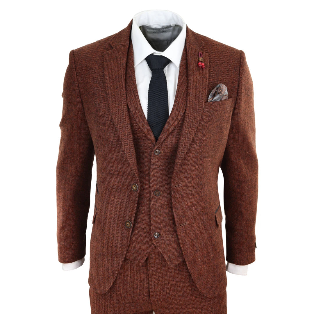 Traje tweed de 3 piezas de lana para hombre camel espiga Vintage Retro - TruClothing.com - 1