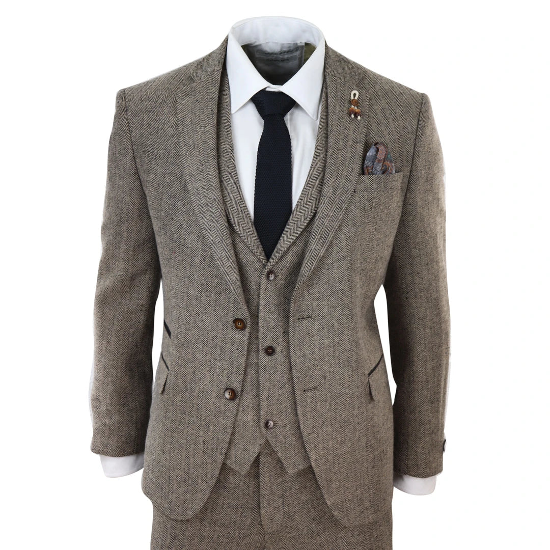 281-03 - Men's Oak 3 Piece Tweed Suit Herringbone Wool Fit - TruClothing.com - 1